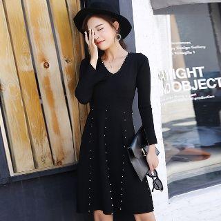 Long-sleeve V-neck Beaded Knit Dress