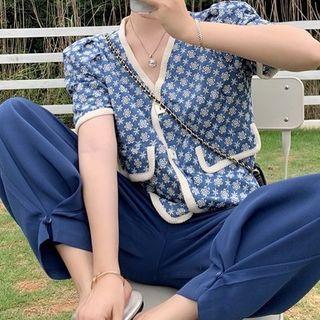 Short-sleeve Embroidered Buttoned Top / Harem Pants