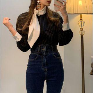 Stand Collar Tie-neck Pinstriped Blouse