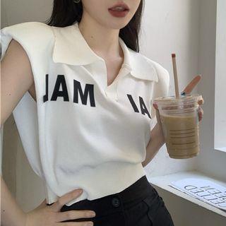 Cap-sleeve Lettering Collared Top