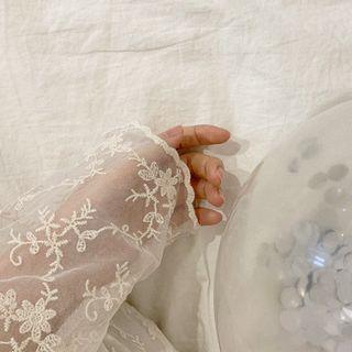 Sheer-sleeve Lace-overlay Dress Ivory - One Size