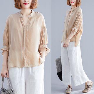 Plain Split-neck Elbow-sleeve Blouse As Shown In Figure - One Size
