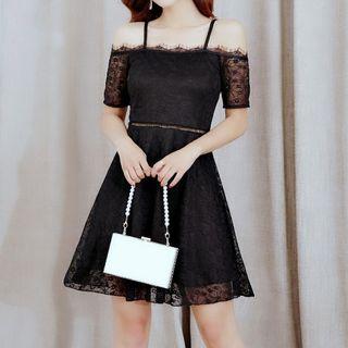 Short-sleeve Cold Shoulder A-line Lace Dress