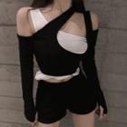 Mock Two-piece Cold-shoulder Long-sleeve T-shirt Black - One Size
