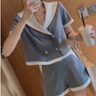 Set: Double-buttoned Cropped Top + Contrast Trim Shorts