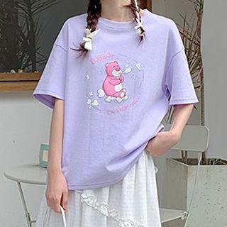 Bear Print Round Neck Oversized Short Sleeve T-shirt