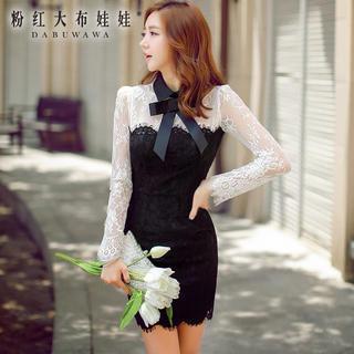 Long-sleeve Lace Panel Sheath Party Dress