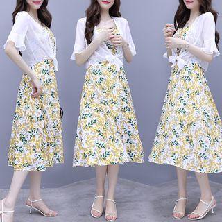 Set: Leaf Print A-line Midi Dress + Chiffon Jacket