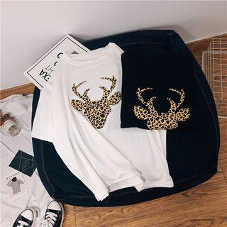 Elbow-sleeve Leopard Print Deer T-shirt