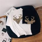 Elbow-sleeve Leopard Print Deer T-shirt