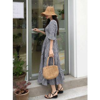 Wrap-front Gingham Tiered Long Dress