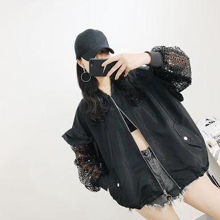 Mock Two-piece Sheer Panel Zip-up Jacket