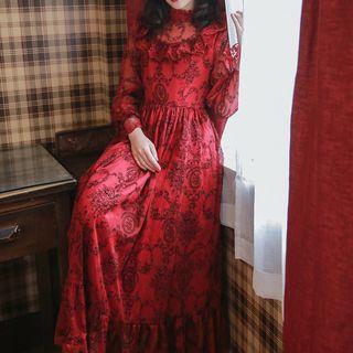 Long-sleeve Ruffle A-line Midi Cocktail Dress
