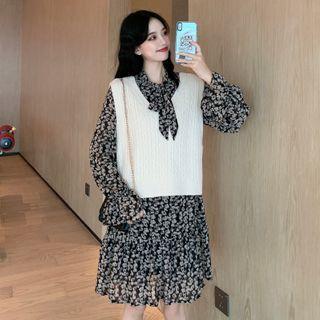 Puff-sleeve Floral Print A-line Dress / Knit Vest
