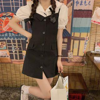 Puff-sleeve Lace Trim Shirt / Mini Overall Dress