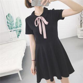 Short-sleeve Tie-neck Mini A-line Dress