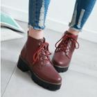Faux Leather Lace-up Chunky Heel Ankle Boots