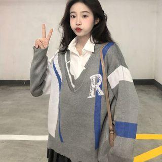 Color Block Distressed V-neck Sweater / Plain Shirt