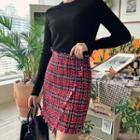 Fringed Plaid Tweed Wrap Skirt