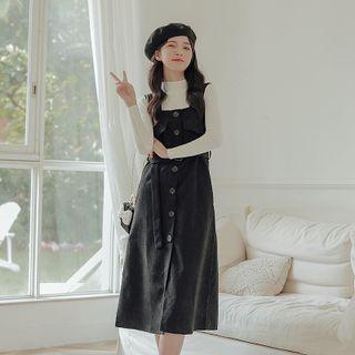 Set: Long-sleeve Knit Top + Belted Midi A-line Overall Dress