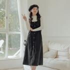 Set: Long-sleeve Knit Top + Belted Midi A-line Overall Dress