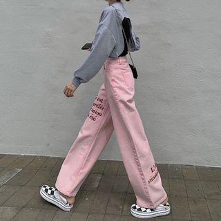 High-waist Letter Embroidered Wide-leg Jeans