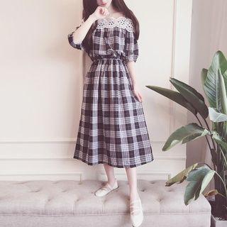 Crochet Trim Plaid Off Shoulder Midi Dress