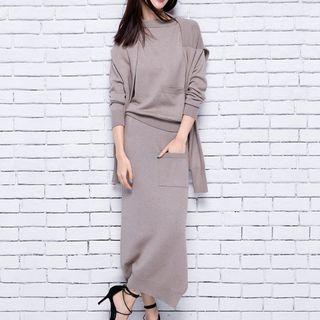 Set: Pocketed Sweater + Cape + Side Slit Maxi Skirt