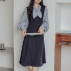 Long-sleeve Tie-neck Mock Two-piece A-line Dress