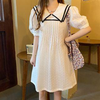 Contrast-trim Sailor-collar Short-sleeve Midi Dress