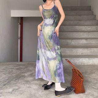 Set Of 2: Spaghetti Strap Mesh Maxi A-line Dress Green & Purple - One Size