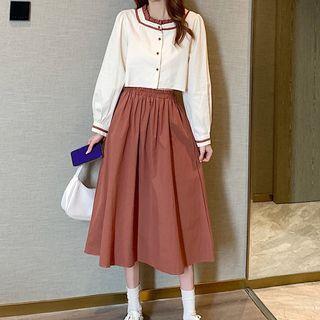 Contrast Trim Cropped Blouse / Midi A-line Skirt