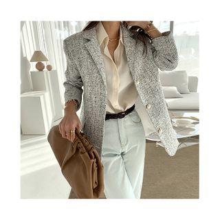 Faux-pearl Button Tweed Blazer Black - One Size