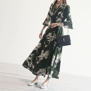 3/4-sleeve Floral Wrap Maxi Dress
