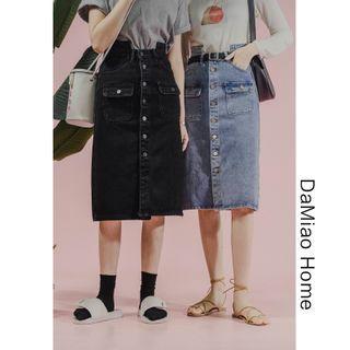 Asymmetric High-waist Denim Midi Skirt