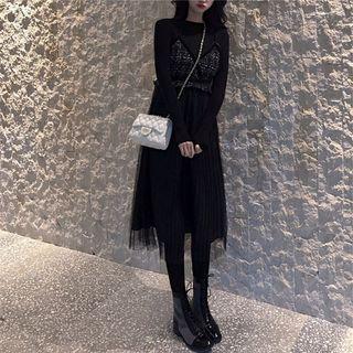 Ribbed Long-sleeve Knit Top / Mesh Overlay Spaghetti Strap A-line Dress / Set