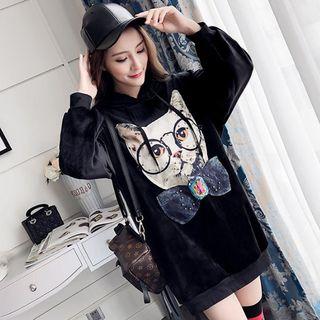 Cat Print Velvet Hoodie Dress