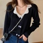 Contrast Collar Double-breasted Knit Top