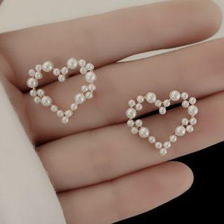 Heart Faux Pearl Earring 1 Pair - Stud Earring - Pearl White - One Size