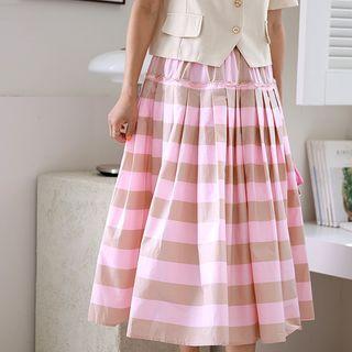 Pleated Striped Long Skirt Pink - One Size