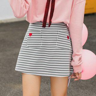 Heart Embroidered A-line Plaid Skirt