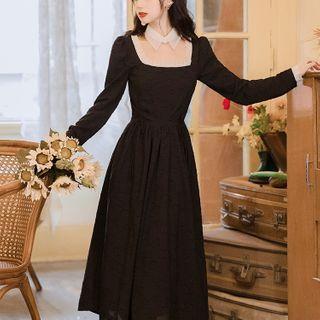 Long-sleeve Mesh Trim Midi A-line Dress