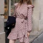 Long-sleeve Ruffle Floral Print Mini A-line Dress