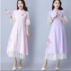 Lace Underlay Elbow-sleeve A-line Dress