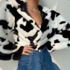 Cropped Fluffy Cow Print Jacket