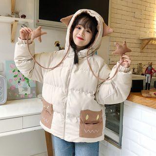 Animal Horn Hooded Padded Zip Jacket Light Khaki - One Size