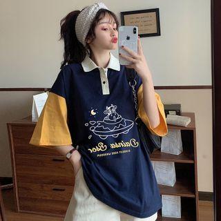 Color Block Cartoon Print Polo Shirt