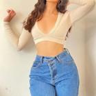 Long-sleeve V-neck Fitted Crop Top