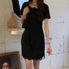 Short-sleeve Lace Trim Mini A-line Dress Black - One Size