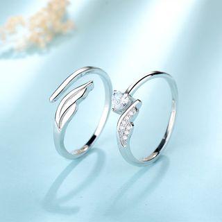 Couple Matching 925 Sterling Silver Feather / Rhinestone Open Ring